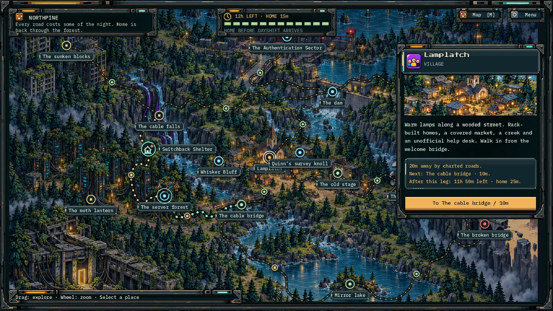 Northpine's roads. Every trip costs night time, and the crew must be home by morning.